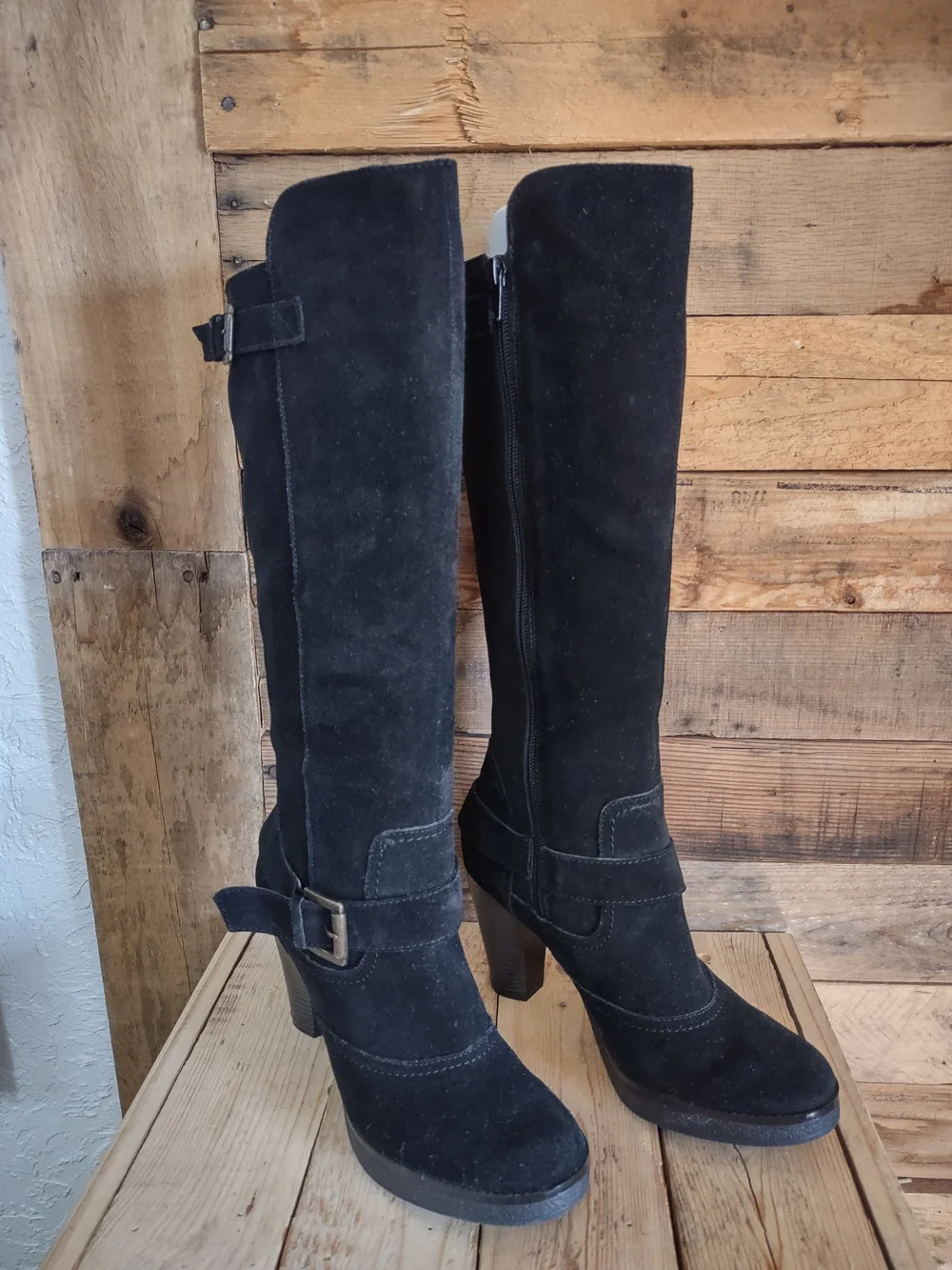 Andrea Black Suede Knee-High Heeled Boots - Women's
